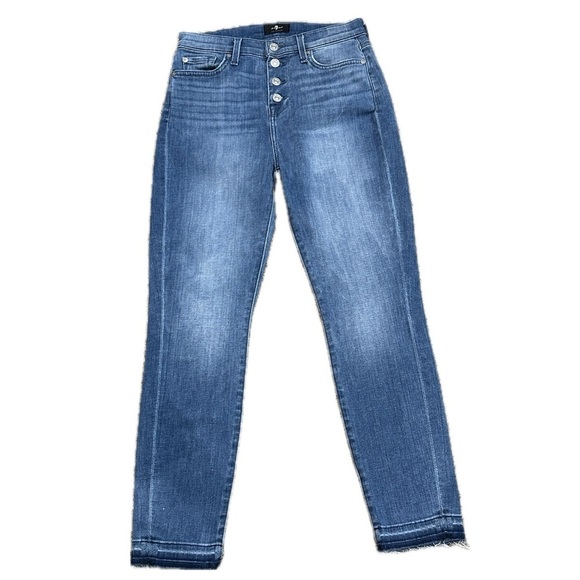 👖👠 7 FOR ALL MANKIND Curvy Button Fly Skinny Jeans | Blue Frayed Hem Sz 26 - Picture 1 of 4